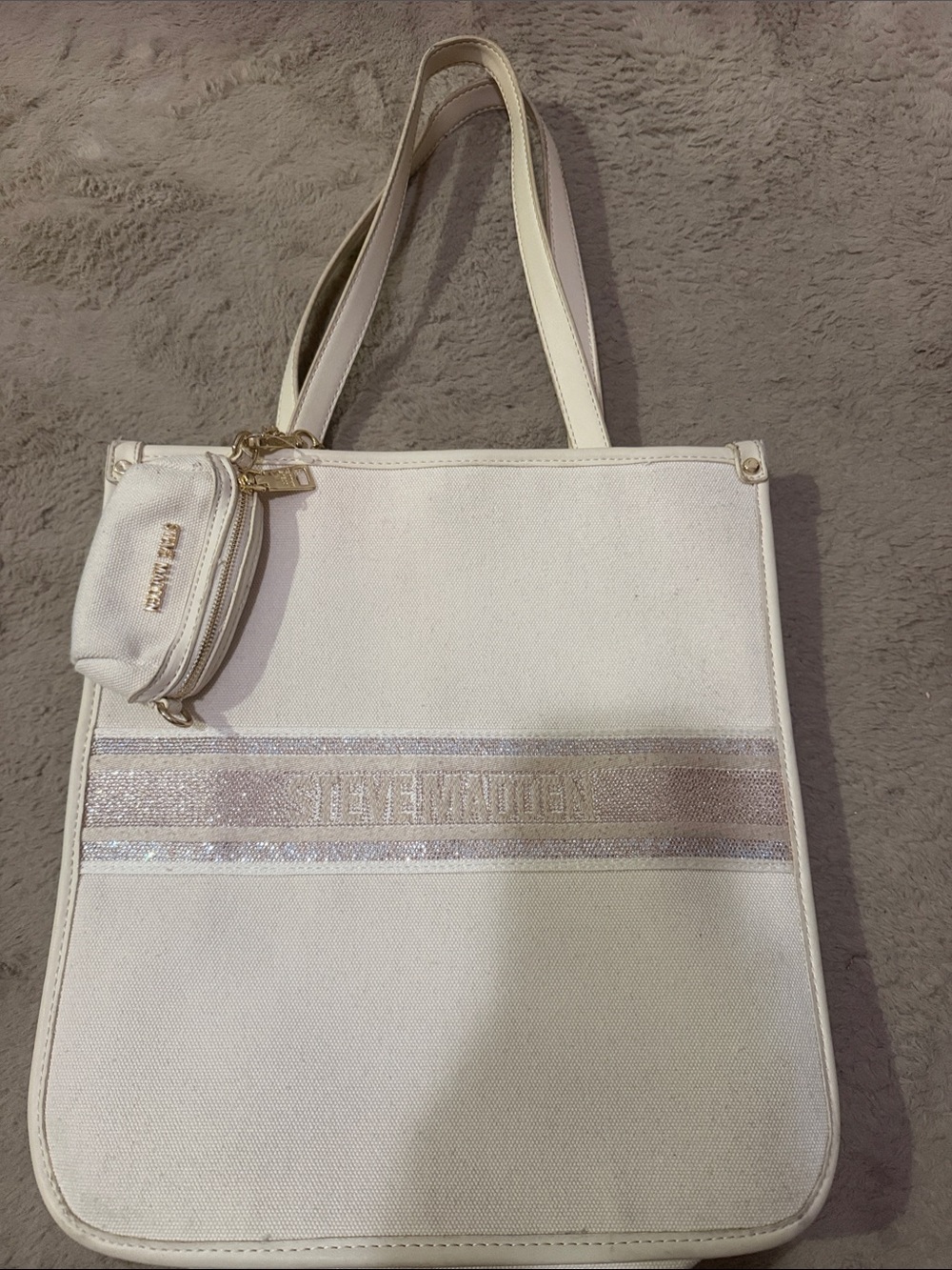 Steve Madden Cream and Metallic Stripe Tote with Coin Pouch